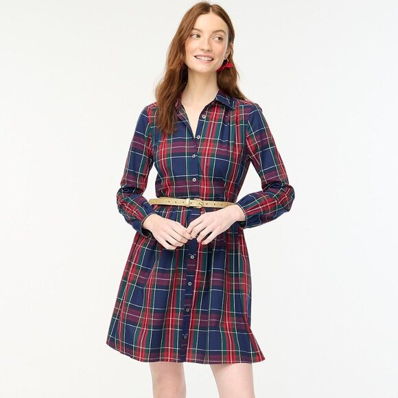 J Crew Factory NWT Chambray Mini Shirt-Dress Antique Navy Deep Ruby Plaid size 4 - Picture 1 of 11